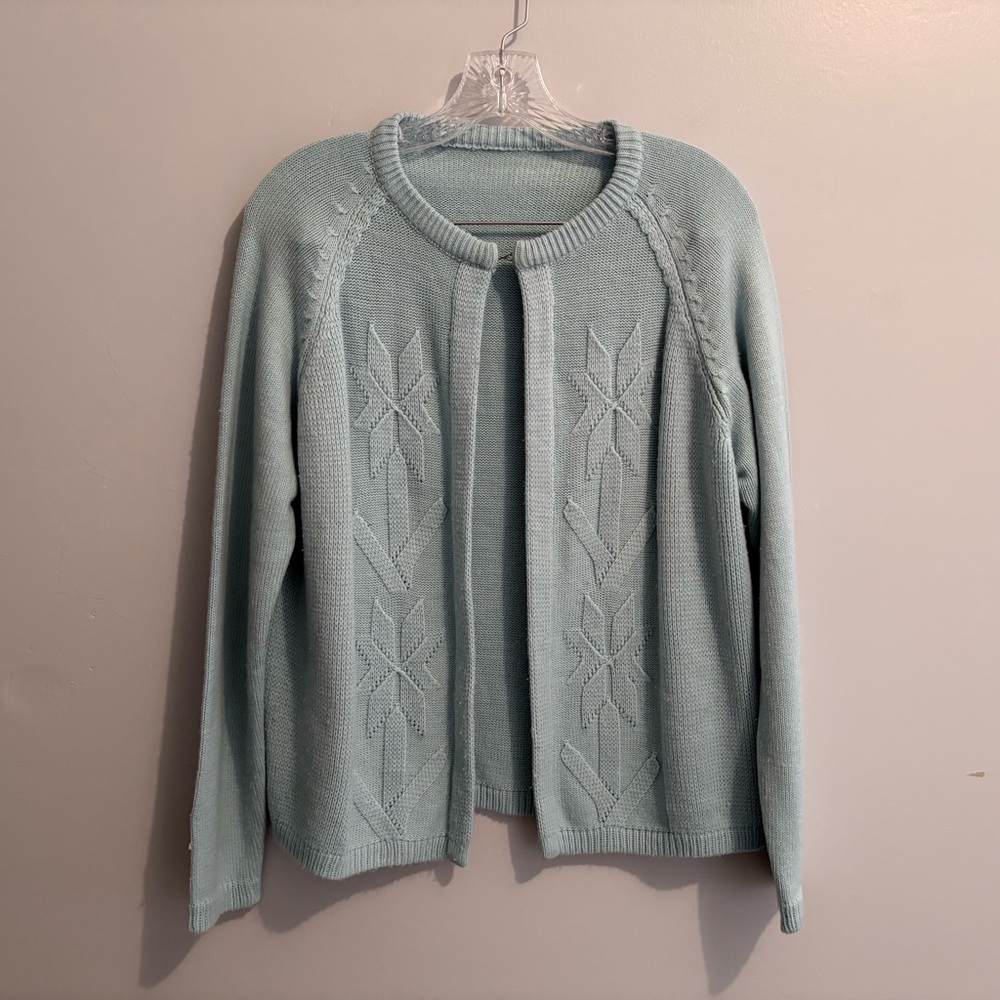 Vintage Cardigan Sweater Light Blue 2X Long Sleeve Snowflake Cable Knit Woven